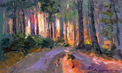 Vibrant impressionist oil painting of forest path at summer sunrise by Boris Serdyuk