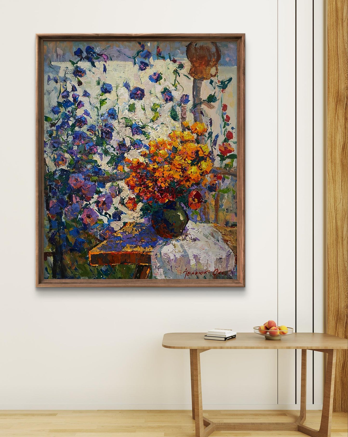 Vibrant impressionist oil painting Twisted gentlemen by Oksana Ivanyuk in dark frame