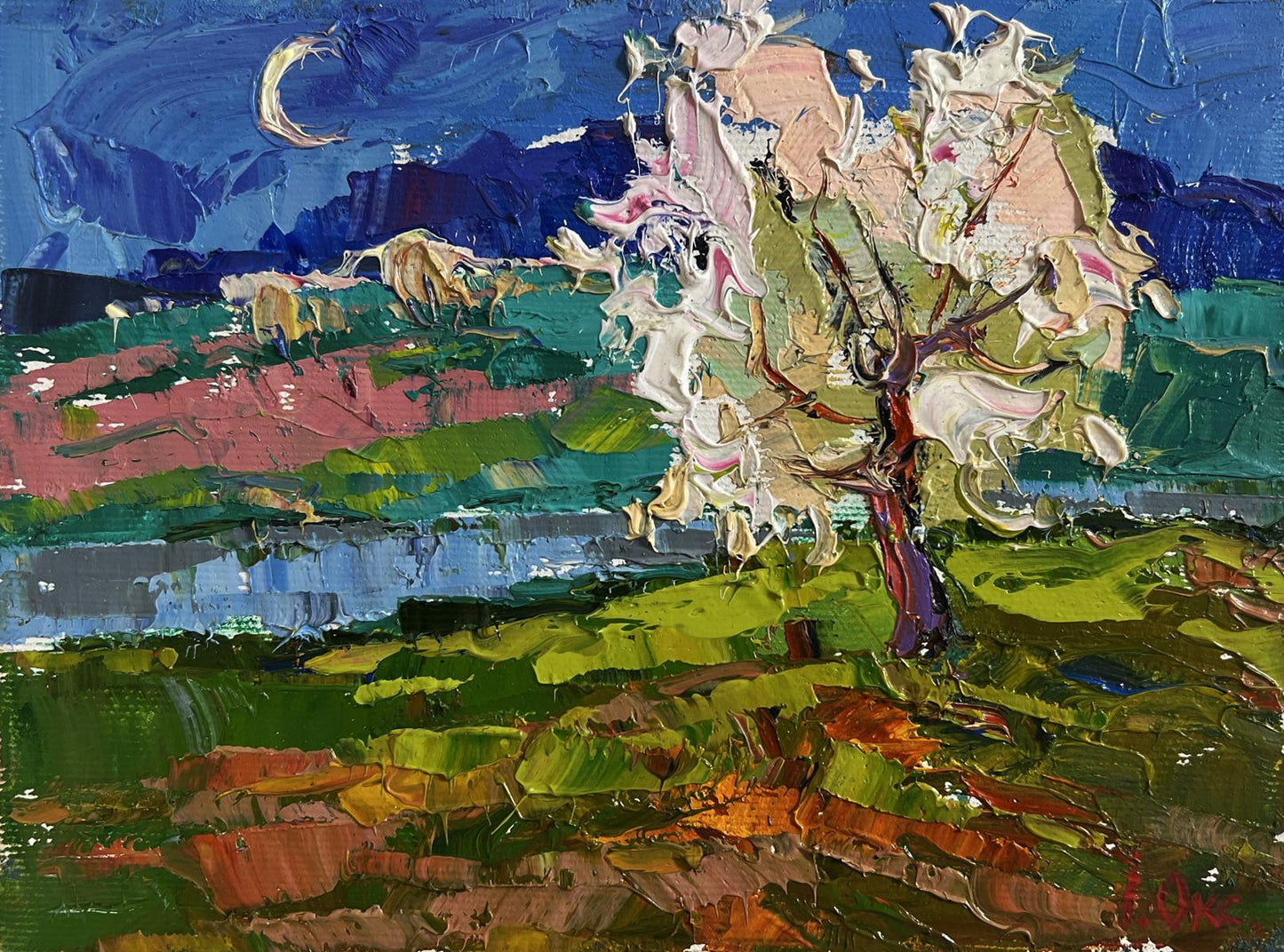 Oil painting Wild pear near the river by Oksana Ivanyuk textured tree