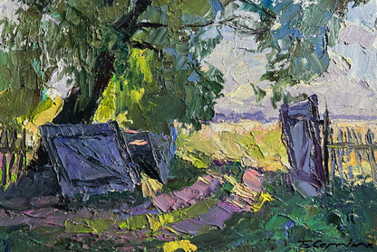Oil painting The beginning of a summer day by Boris Serdyuk with green foliage