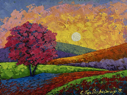 Vibrant oil painting Path to the mountain valley by V. Zadorozhnya, magenta tree on hills
