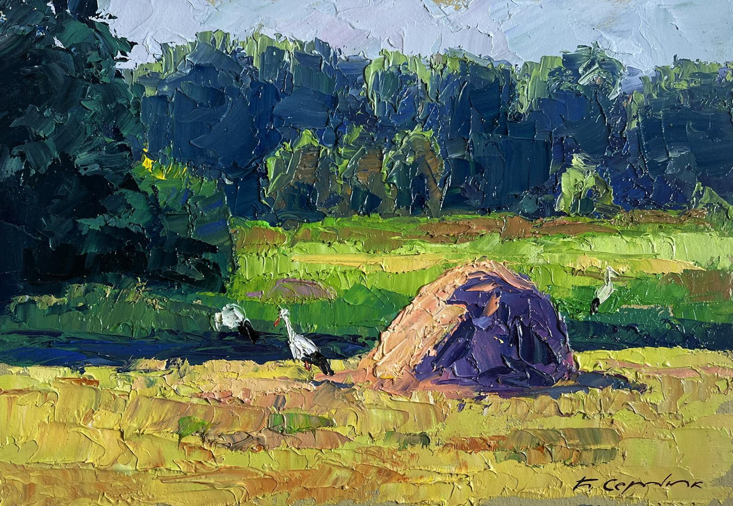 Oil painting The storks have arrived by Boris Serdyuk, impressionistic hay bale in field