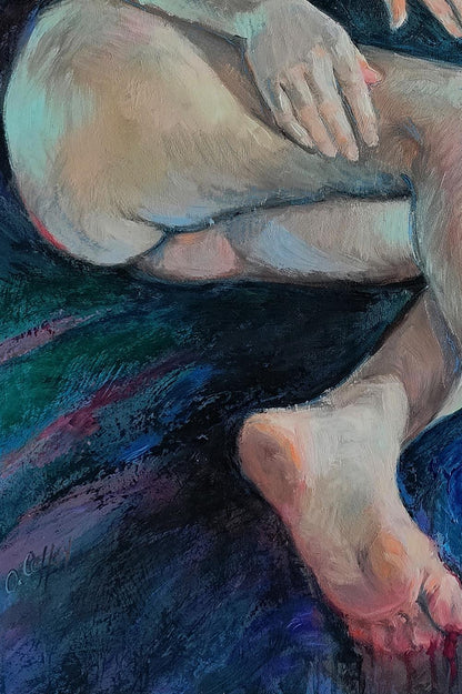 Impressionistic oil painting of figure mermaid-like girl lower body by Oksana Osnach