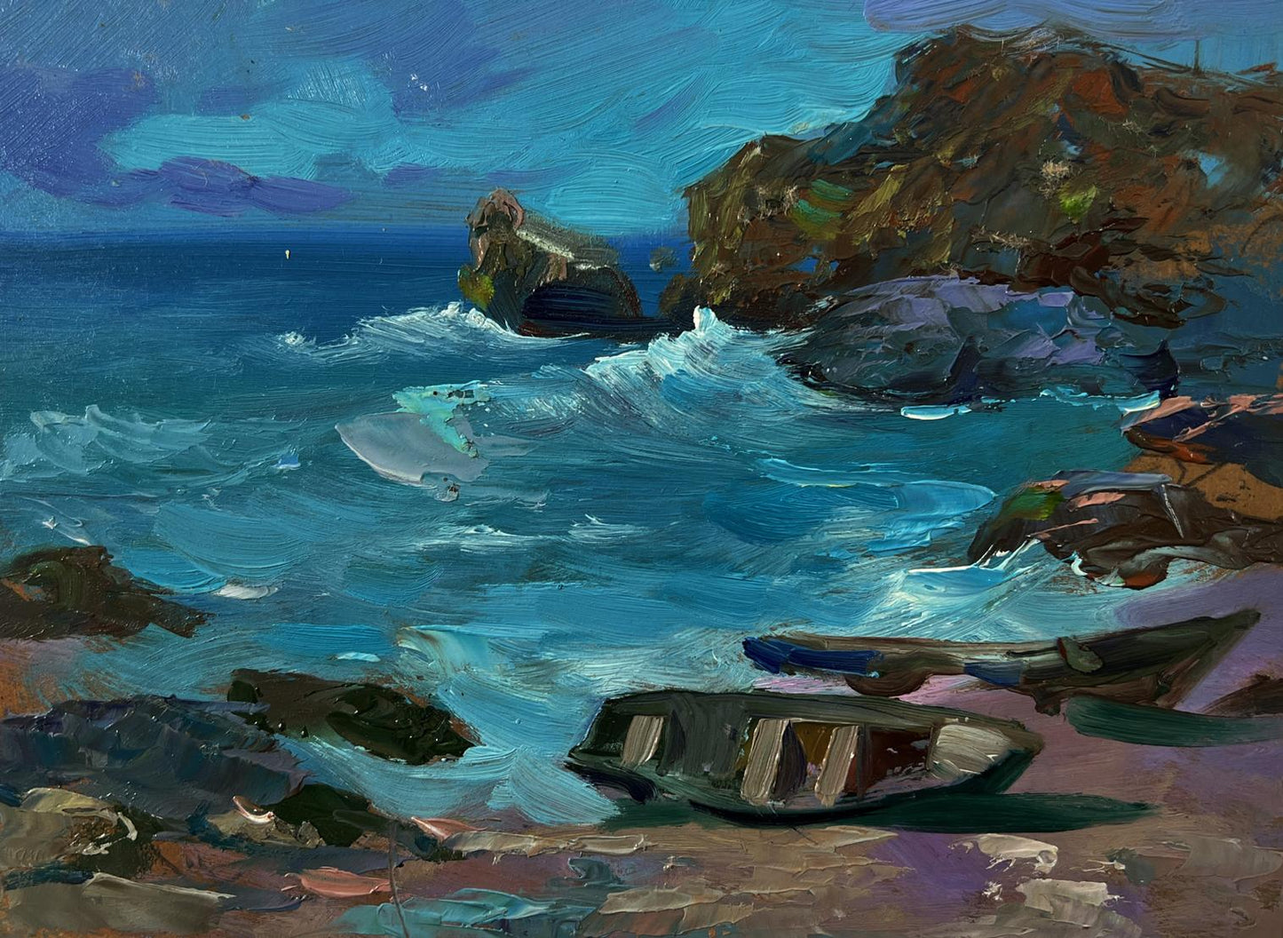 Oil painting of washed-out wooden rowboat on rocky seashore by Yuriy Suprunchuk