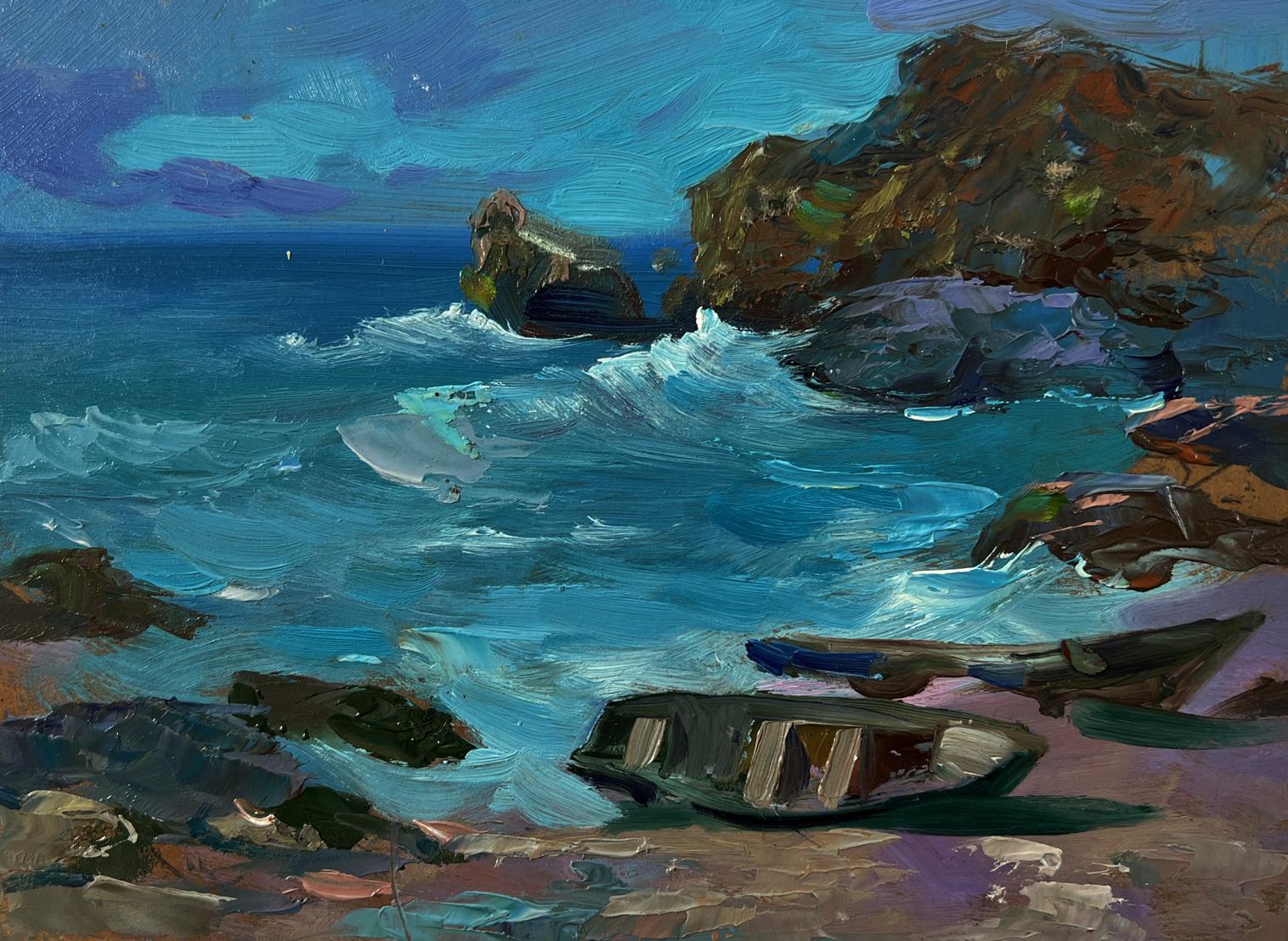 Oil painting of washed-out wooden rowboat on rocky seashore by Yuriy Suprunchuk