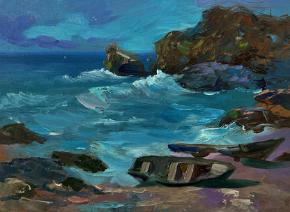 Oil painting of washed-out wooden rowboat on rocky seashore by Yuriy Suprunchuk