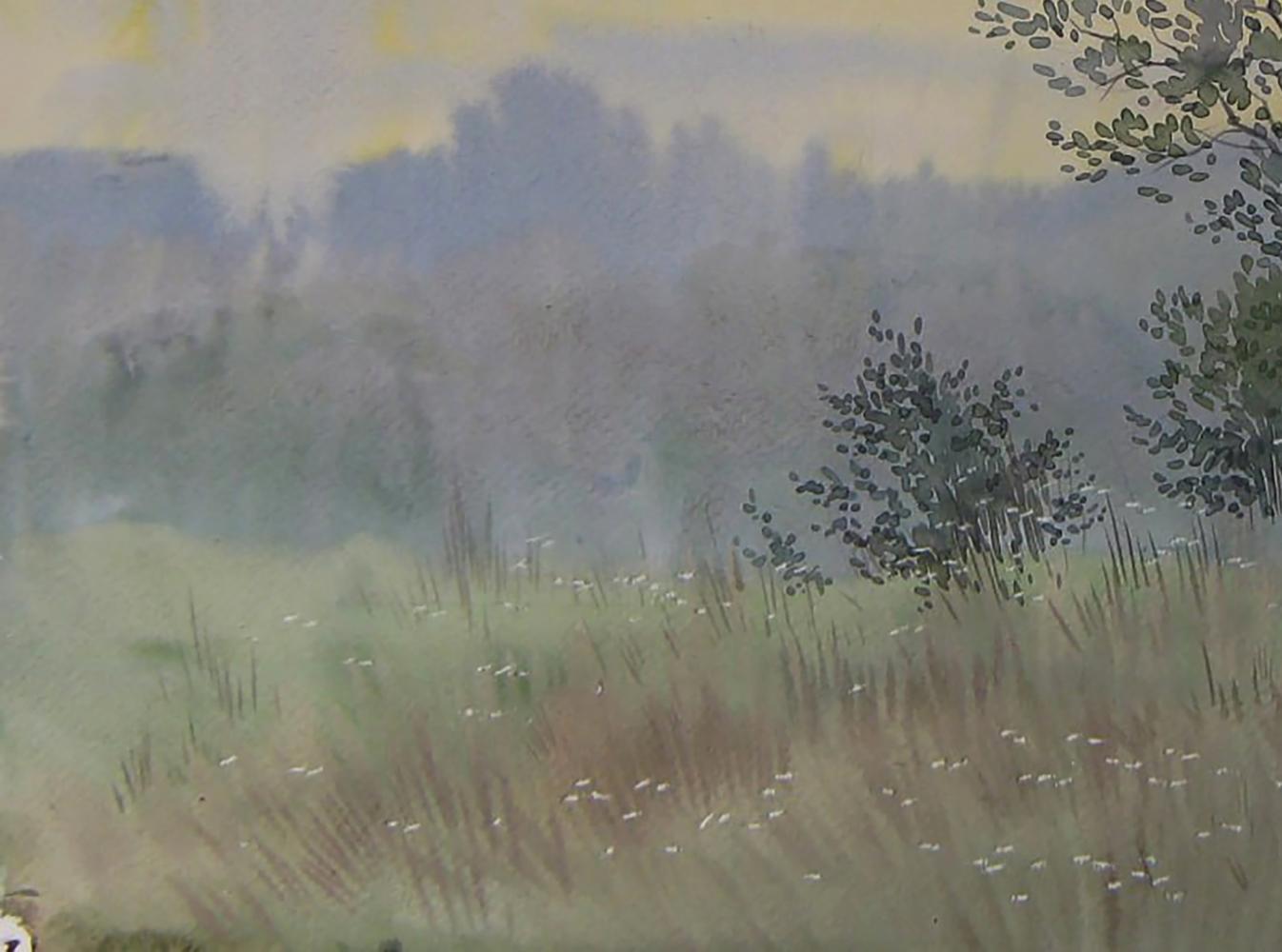 Watercolor Morning in Nature by Valery Savenets misty hills painting