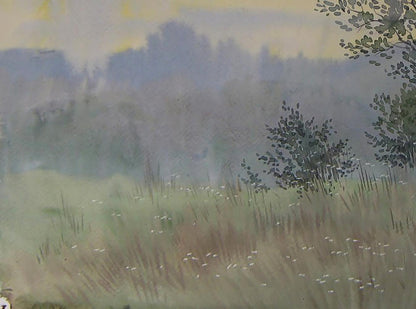 Watercolor Morning in Nature by Valery Savenets misty hills painting