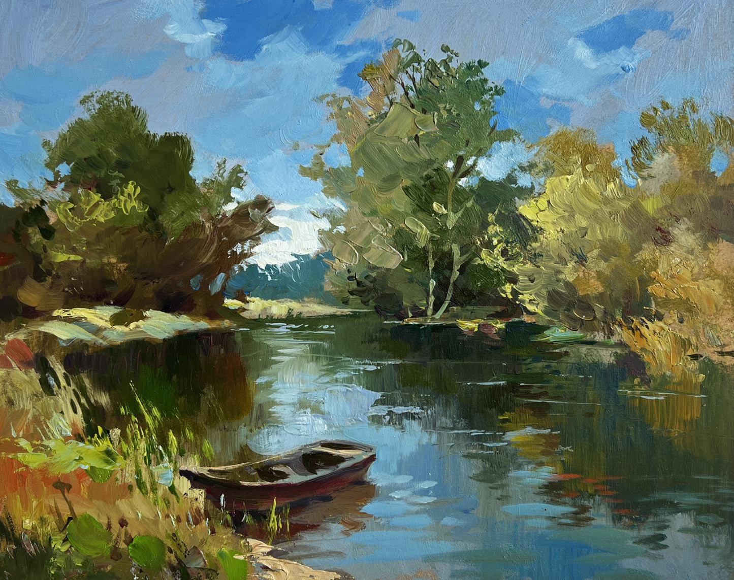 Oil painting of rowboat in green reflections by Yuriy Suprunchuk