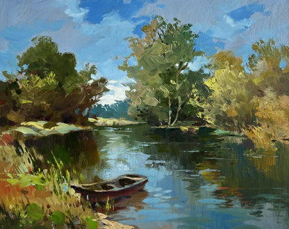 Oil painting of rowboat in green reflections by Yuriy Suprunchuk