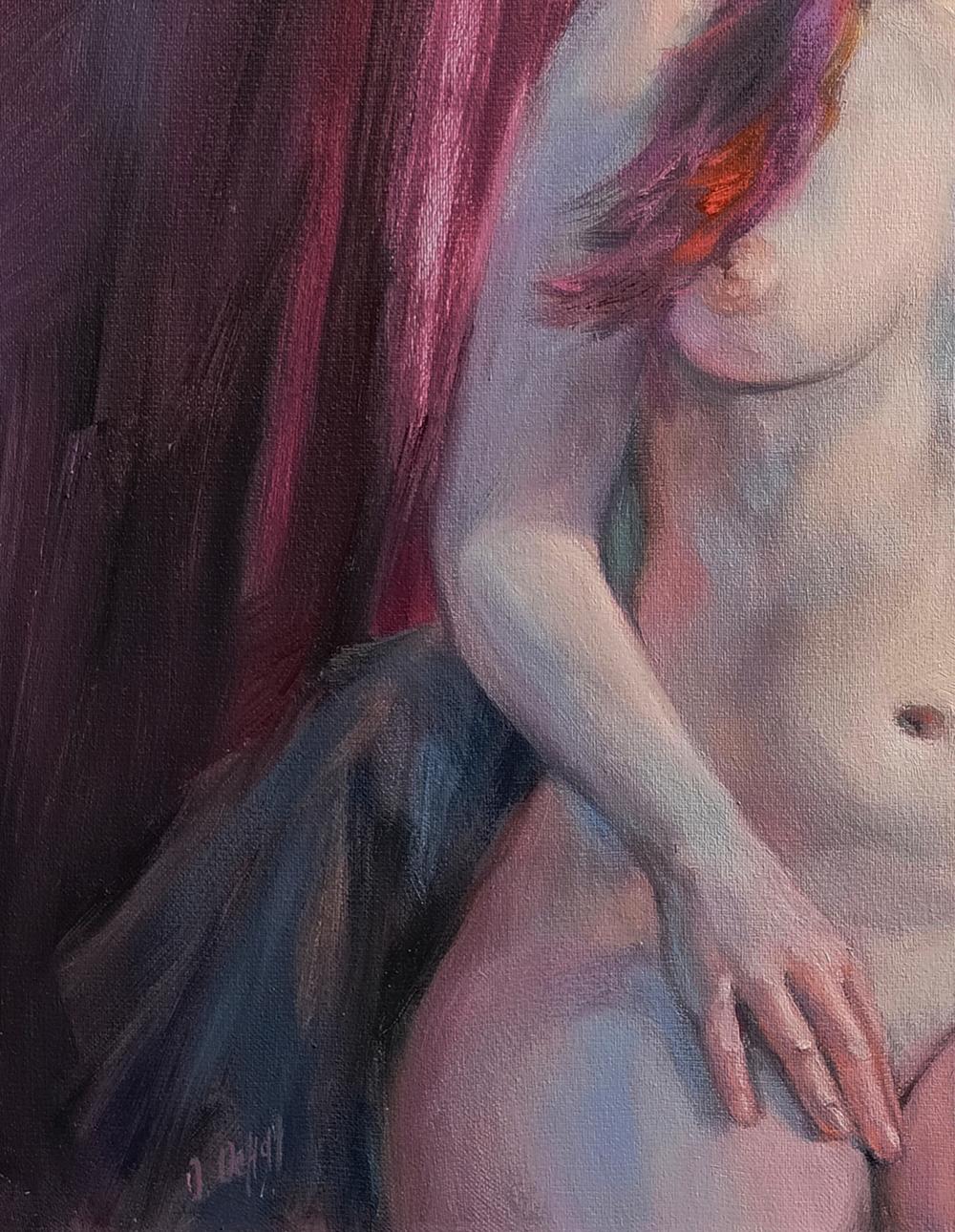 Impressionistic oil painting of figure figure with vibrant pink purple hair by Oksana Osnach