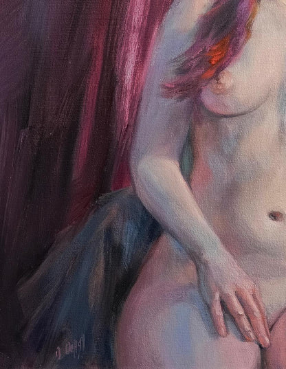 Impressionistic oil painting of figure figure with vibrant pink purple hair by Oksana Osnach