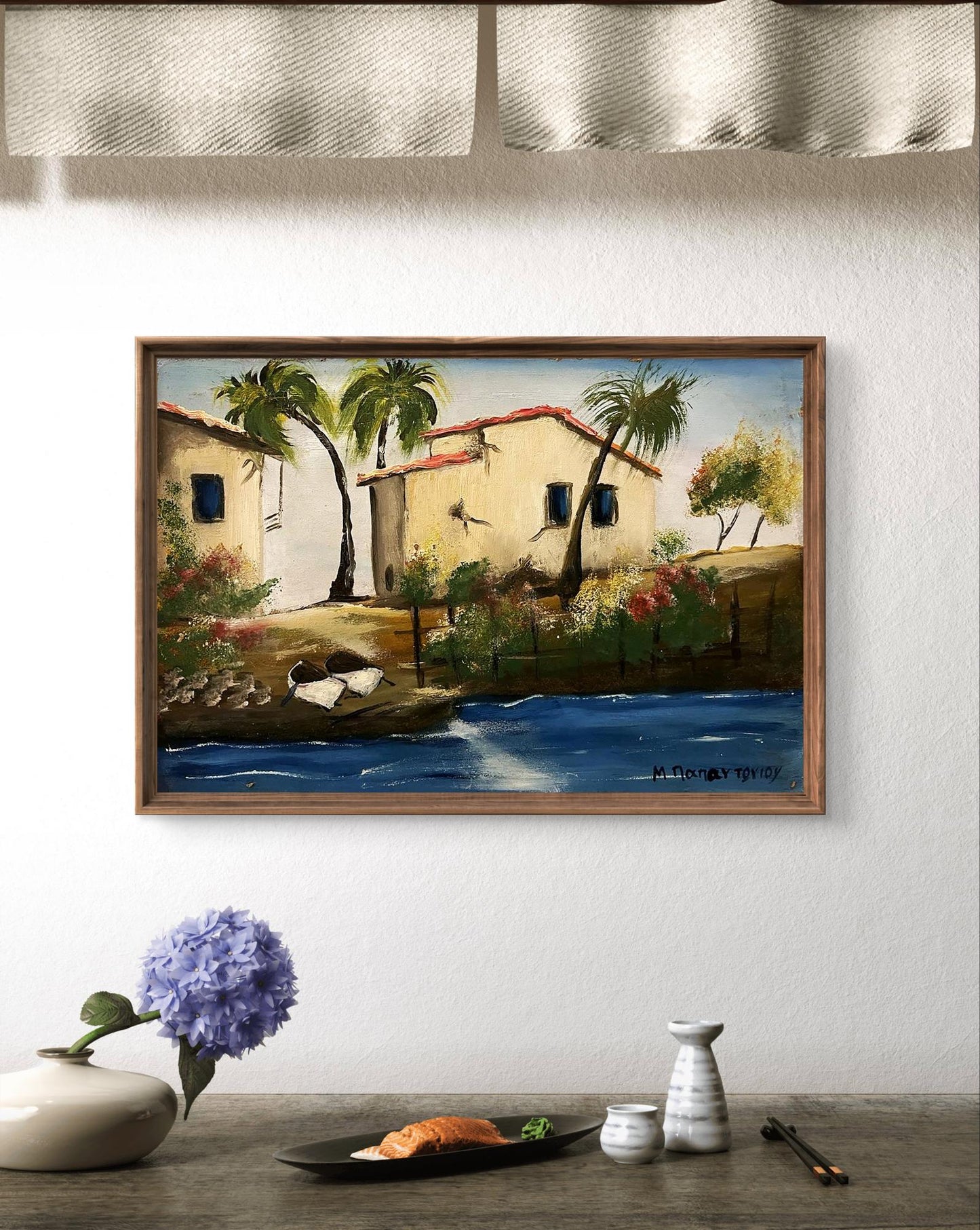 Framed oil painting of Mediterranean houses by the sea, unknown artist