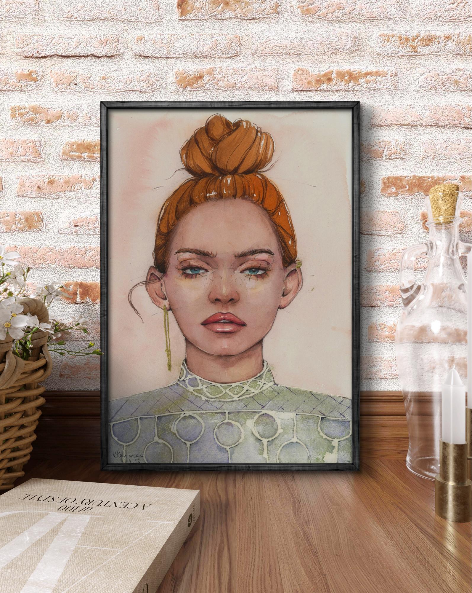 Framed watercolor portrait Gaze Girl by Victoria Kagalovska
