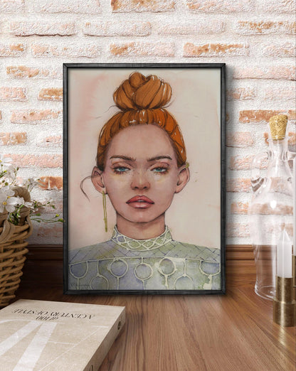 Framed watercolor portrait Gaze Girl by Victoria Kagalovska