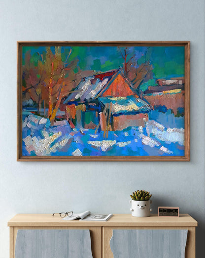 Vibrant impressionist oil painting Winter snowy morning by Peter Dobrev
