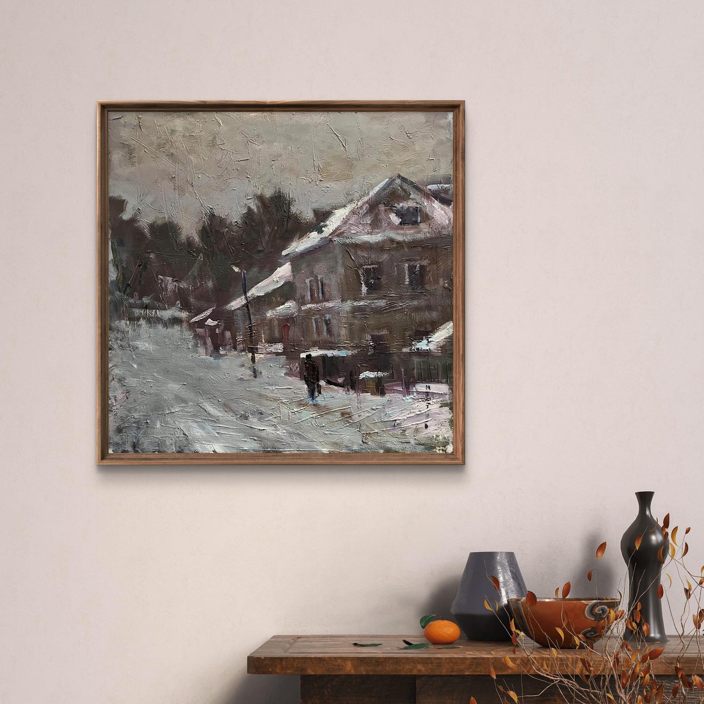 Oil painting of snowy village street by Volodymyr Pashchenko