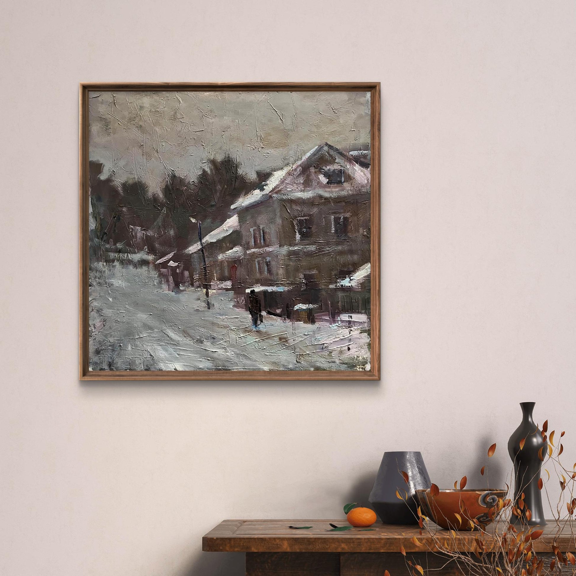 Oil painting of snowy village street by Volodymyr Pashchenko