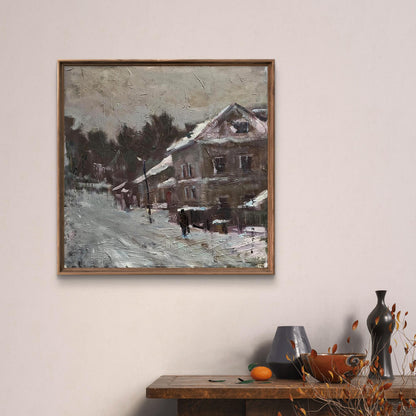 Oil painting of snowy village street by Volodymyr Pashchenko