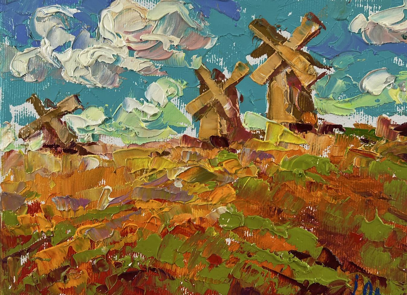 Vibrant impressionist oil painting of Mills outside the village by Oleksiy Ivanyuk