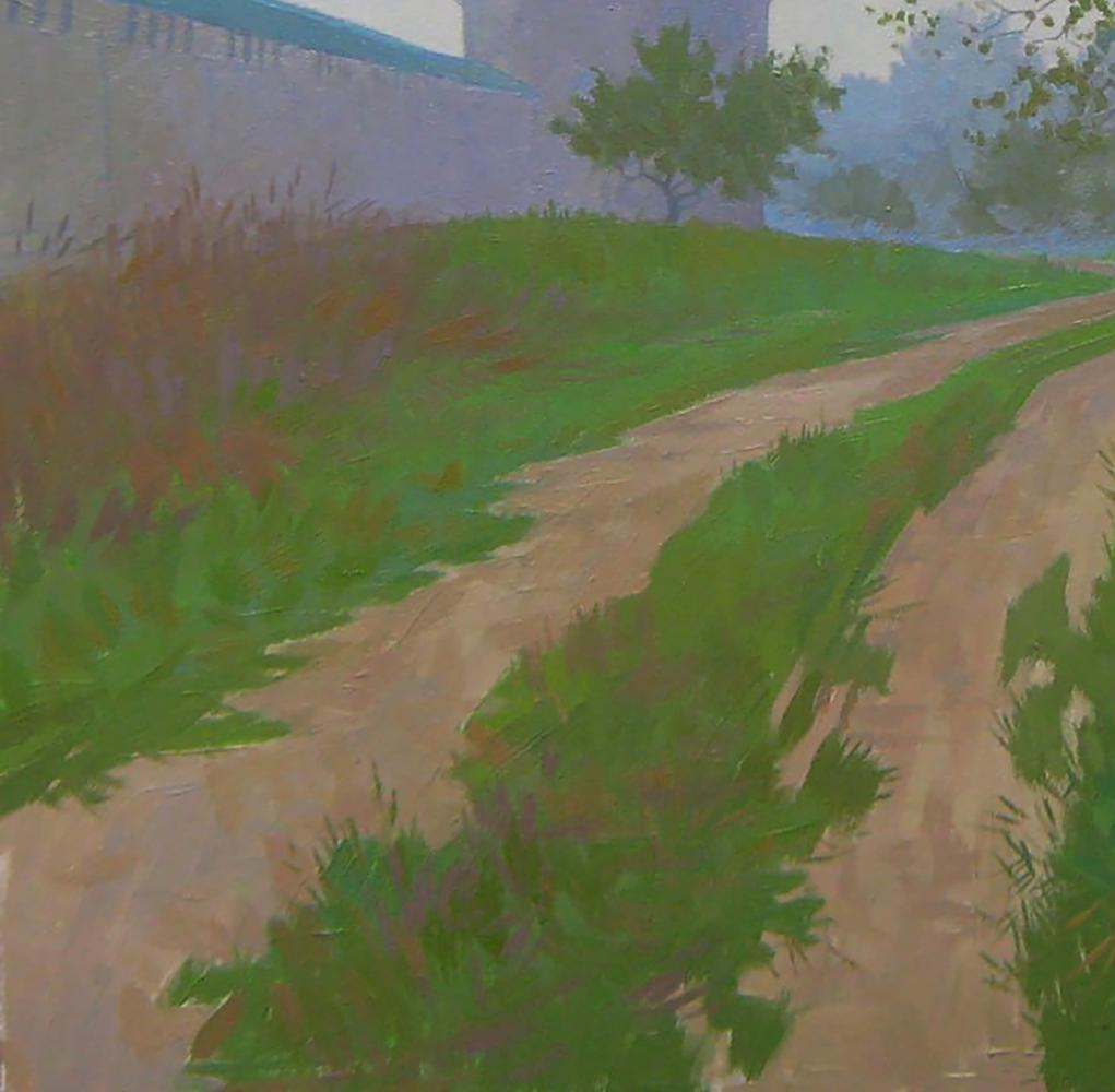 Oil painting of September autumn morning by Valery Savenets: winding dirt path in lush grass