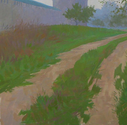 Oil painting of September autumn morning by Valery Savenets: winding dirt path in lush grass