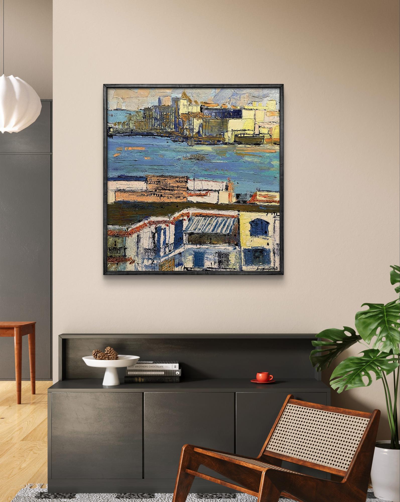 Oil painting Mysterious city by Serhiy Kovalev, abstract cityscape in blues and yellows