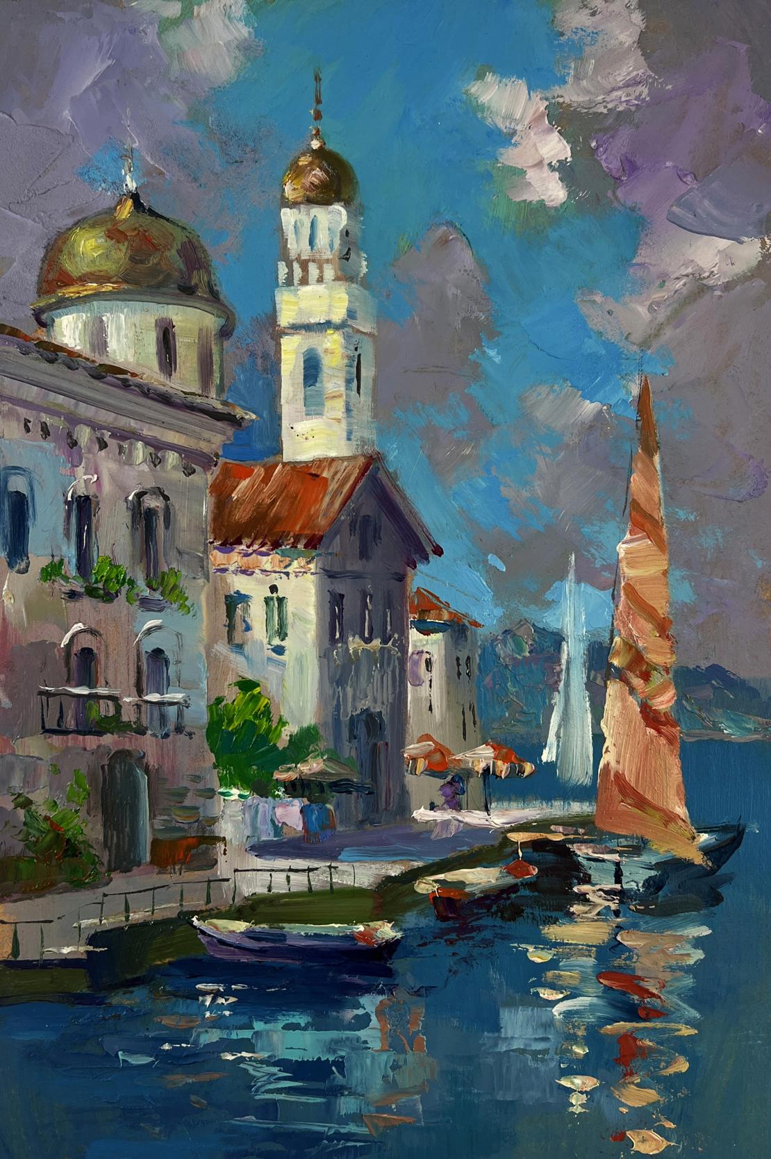 Vibrant impressionist oil painting by Yuriy Suprunchuk of coastal town with golden domes and sailboats