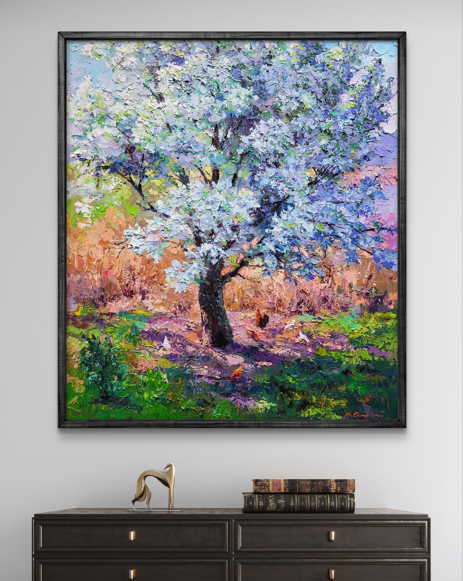 Vibrant oil painting of pear blossoms by Boris Serdyuk in dark wood frame
