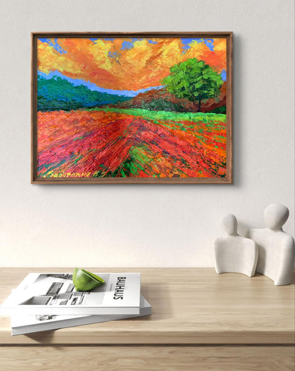 Vibrant oil painting Bright yellow sunset V. Zadorozhnya with orange red green strokes blue sky