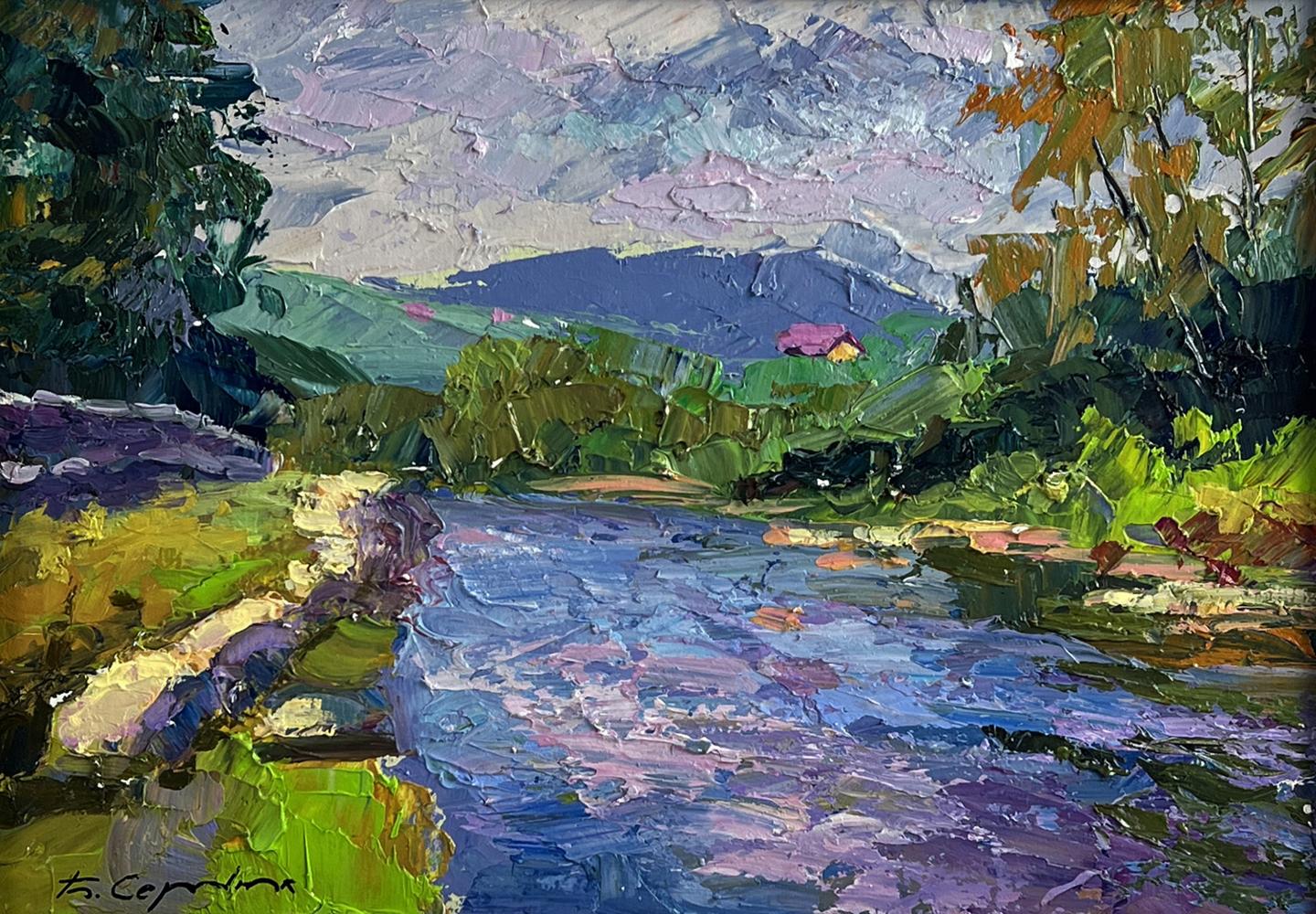 Vibrant impressionist oil painting of Boris Serdyuk mountain river in hills