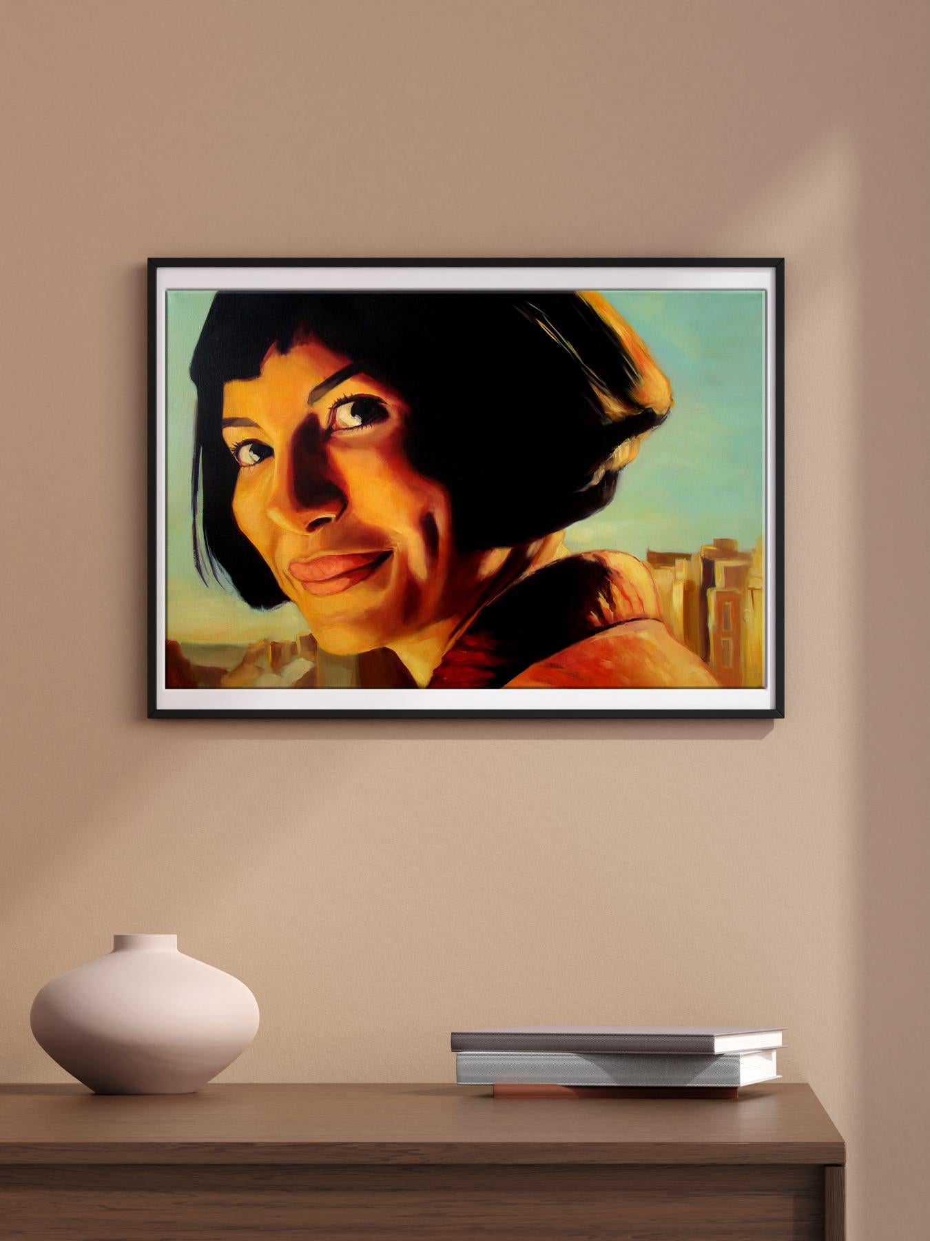 Framed oil portrait of Crazy Eyes by Yulia Lihina, dark-haired woman