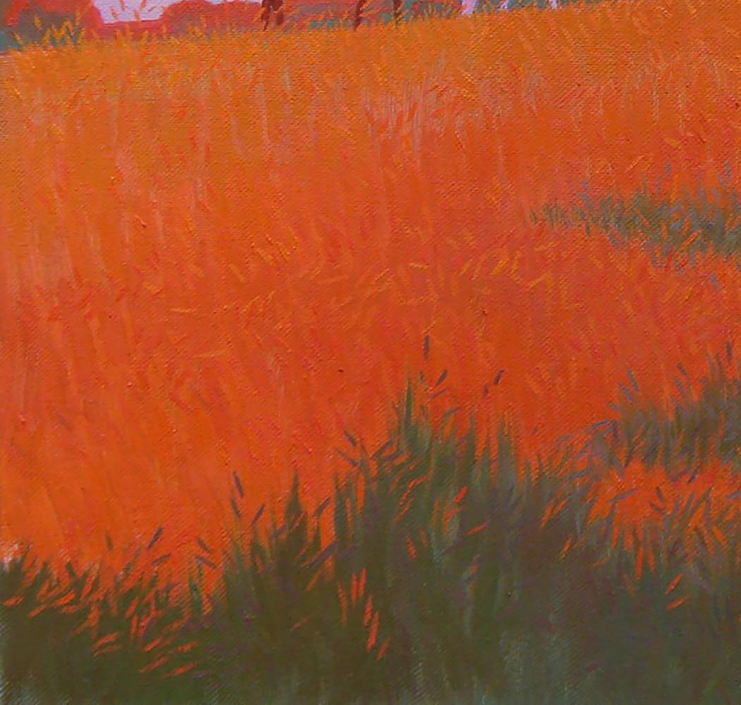 Oil painting of vibrant orange tall grass field by Valery Savenets