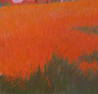 Oil painting of vibrant orange tall grass field by Valery Savenets