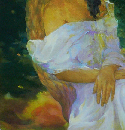 Oil painting of girl in garden by Vasily Korkishko, soft white dress