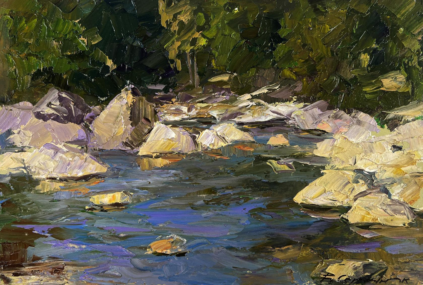 Vibrant impressionistic oil painting Silent Whispers Between Green Shores by Boris Serdyuk