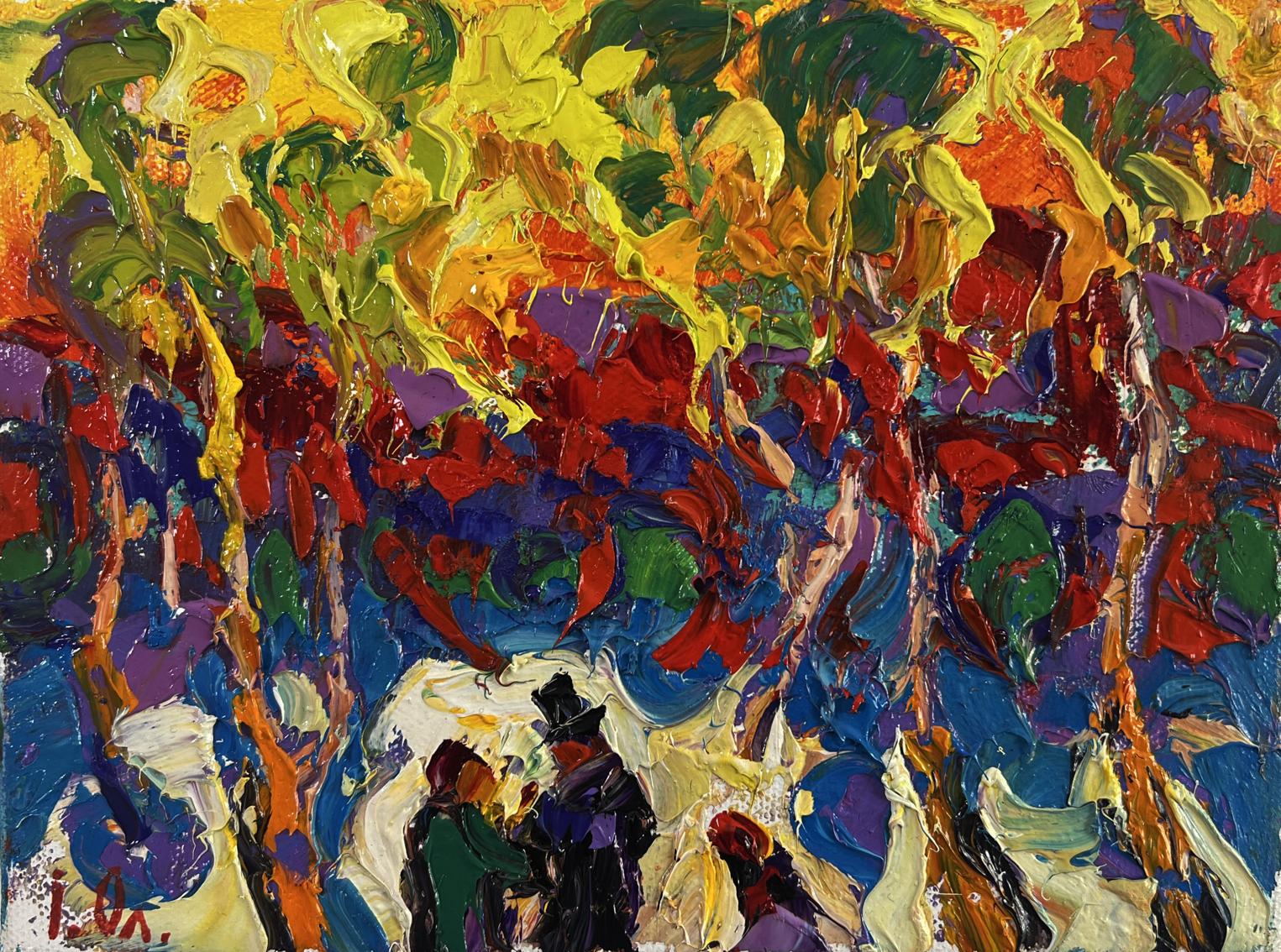 Vibrant impressionist oil painting of trees burning in evening light by Oleksiy Ivanyuk