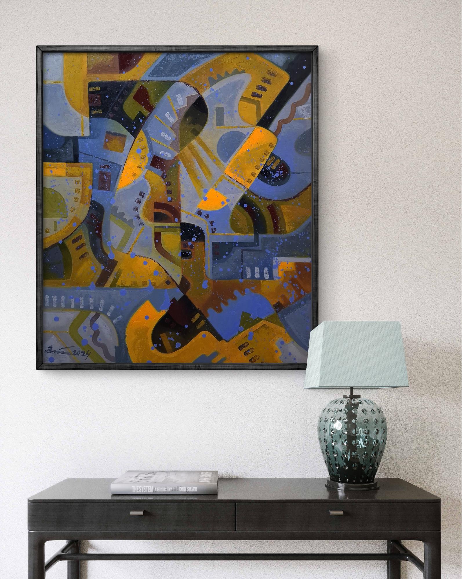 Oil painting Stained glass autumn by Sergiy Voichenko, abstract yellow blue gray geometric shapes in black frame