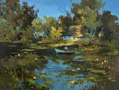Oil painting Quiet fishing by Yuriy Suprunchuk: light blue rowboat on calm water with lily pads