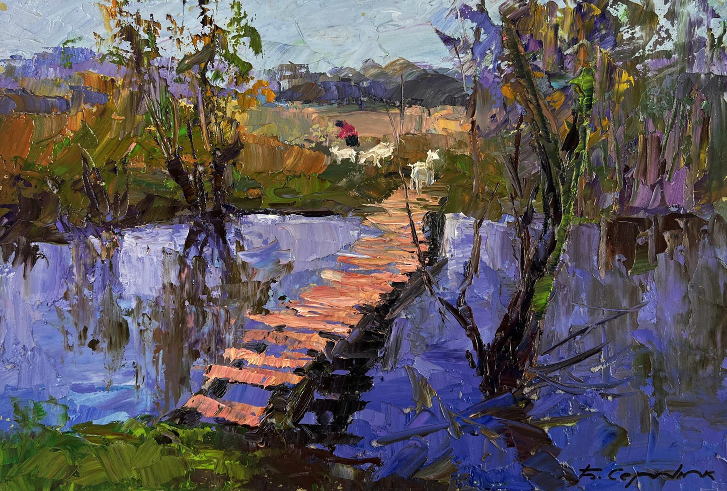 Oil painting Path between two banks by Boris Serdyuk: impressionist plank bridge over blue water