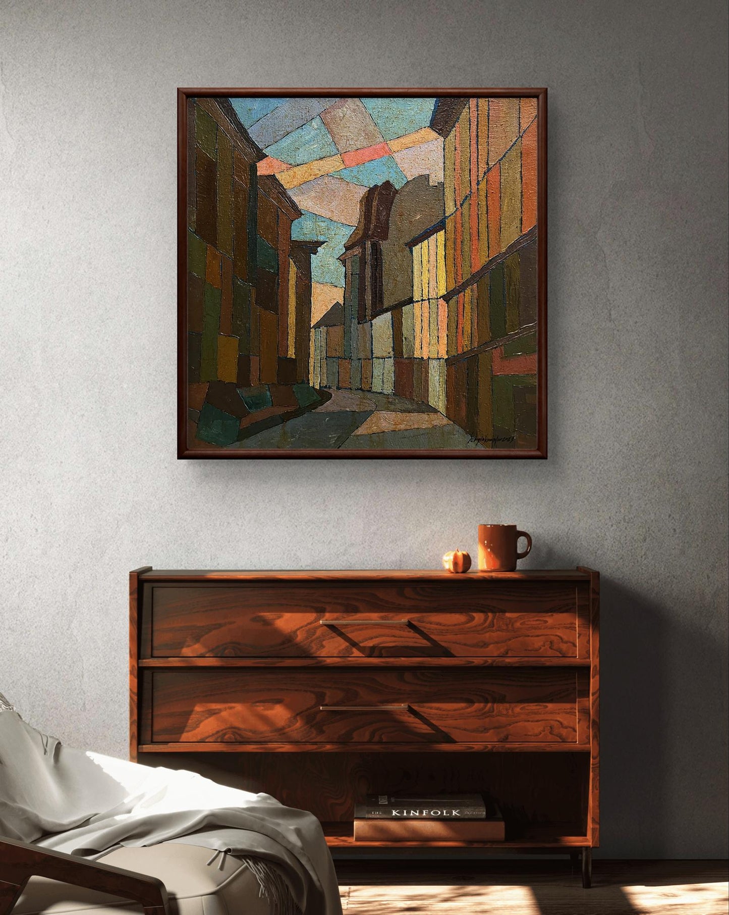 Oil painting Closer to the Center by Serhiy Kovalev above dark wood dresser