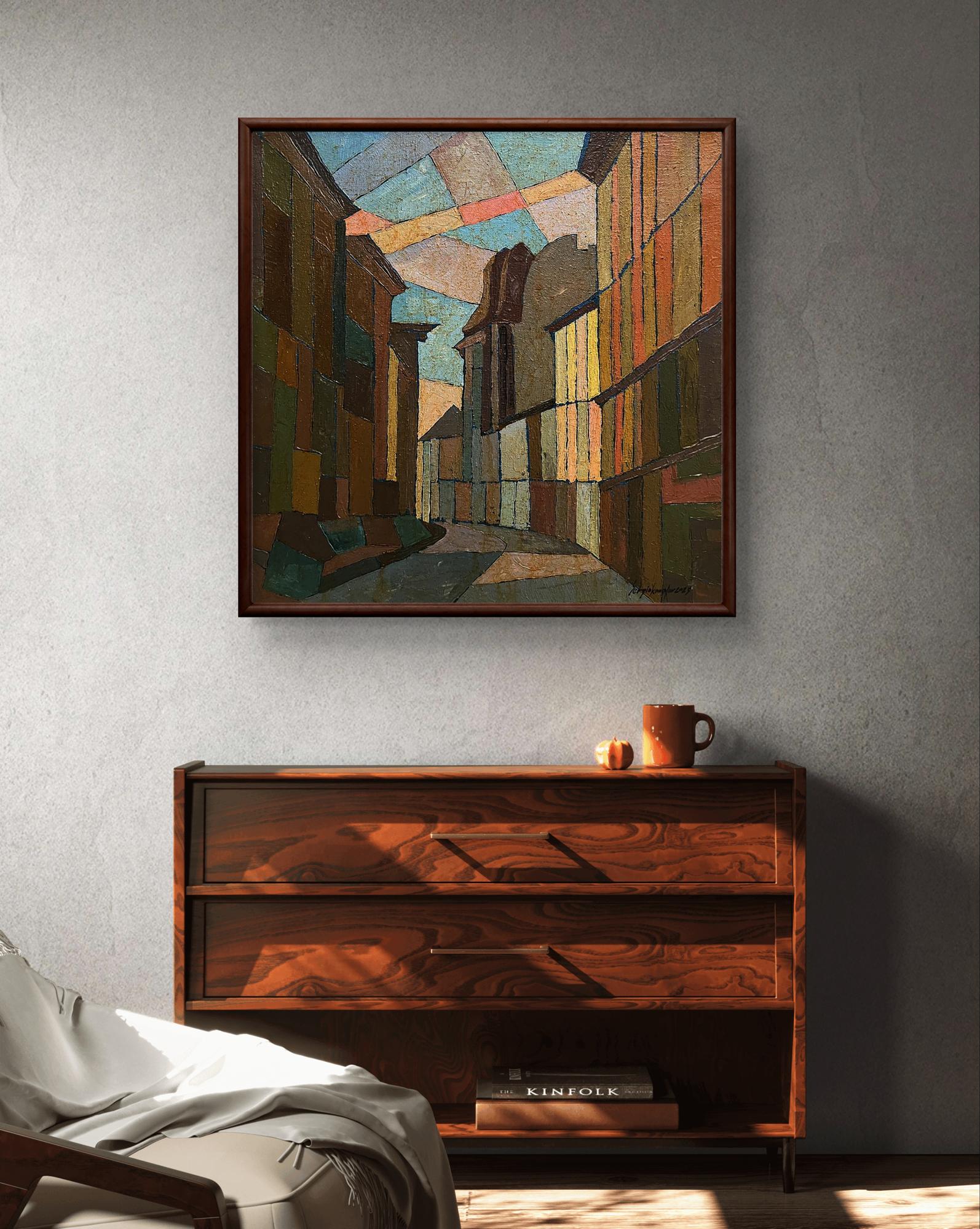 Oil painting Closer to the Center by Serhiy Kovalev above dark wood dresser
