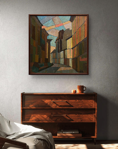 Oil painting Closer to the Center by Serhiy Kovalev above dark wood dresser