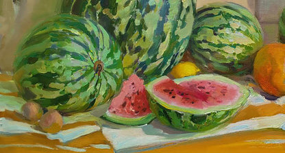 Oil painting of vibrant green striped watermelon cut open by Leonid Pavlenko