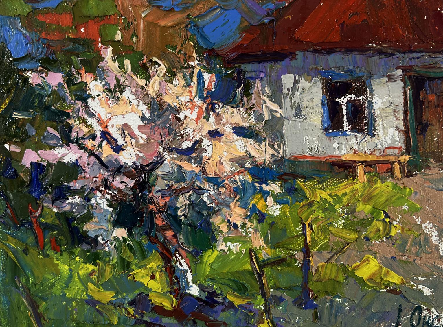 Vibrant impressionist oil painting of white house with red roof by Oksana Ivanyuk