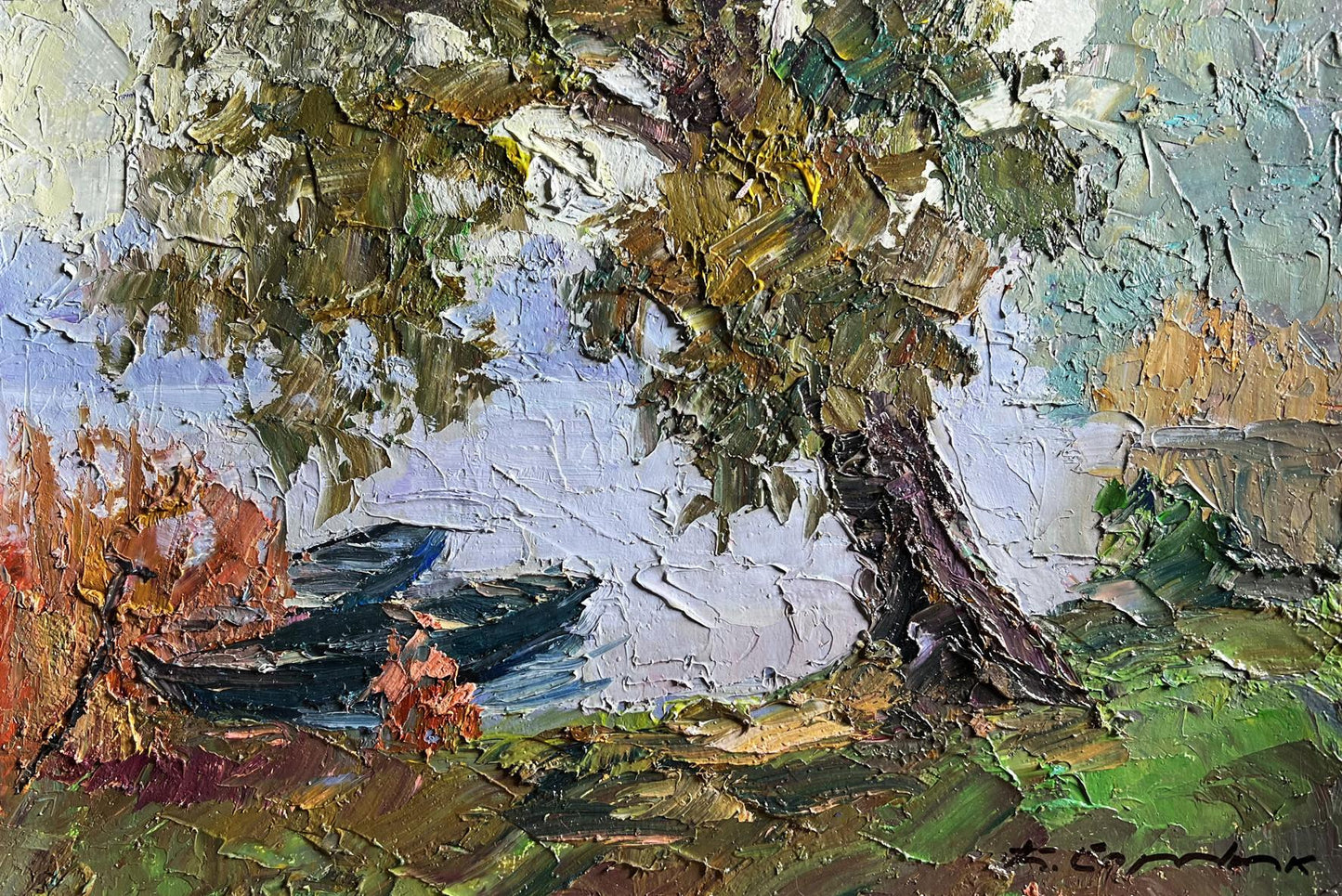 Textured impressionistic tree painting by Boris Serdyuk in greens and browns
