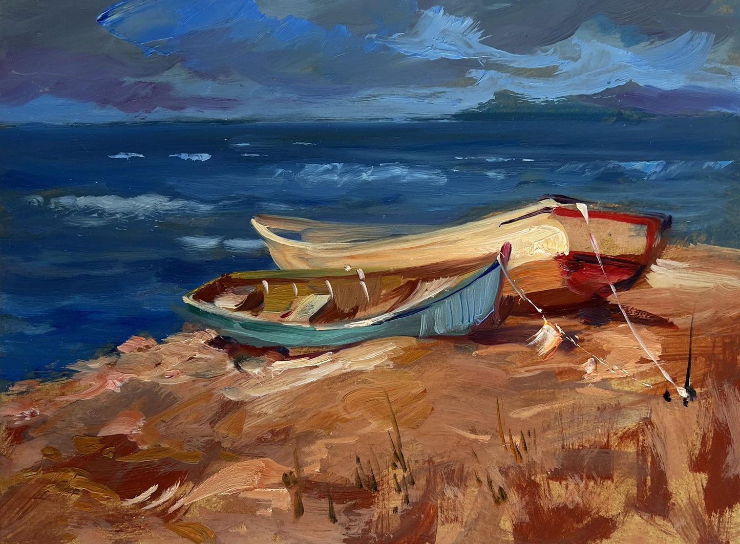 Oil painting of two weathered rowboats on sunlit rocky shore by Yuriy Suprunchuk