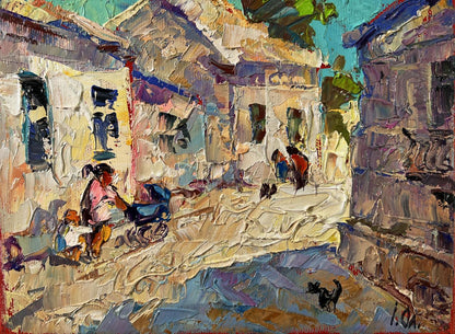 Vibrant impressionist oil painting of sunlit busy city street by Oleksiy Ivanyuk