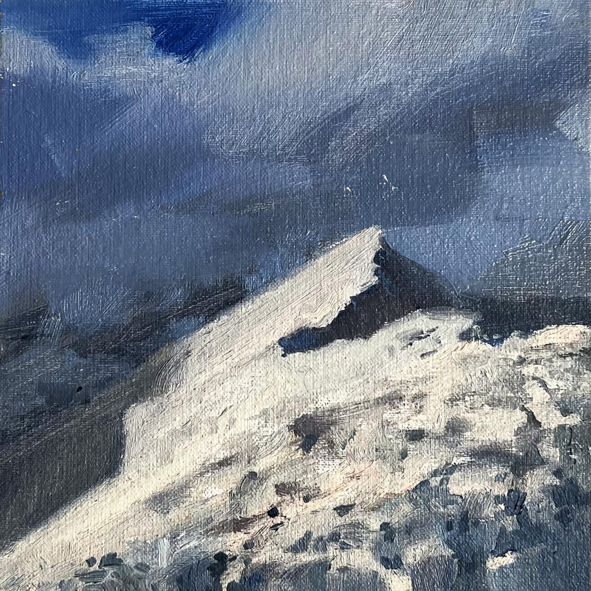 Textured oil painting of snow-capped mountain peak by Tatyana Derdey