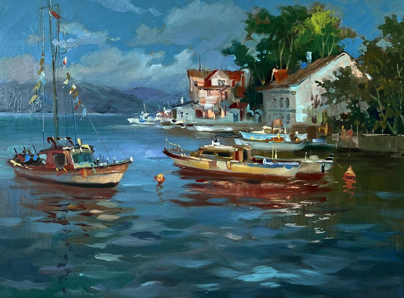 Oil painting of rustic wooden fishing boat with flags on calm river by Yuriy Suprunchuk
